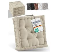Beautissu Lote de 4 Cojines de Suelo cojín de Asiento 50x50 cm - Cojín de colchón Grueso 10cm - 100% algodón cojín de Silla de Interior y Exterior Suelo asa de Transporte Lino - Mila