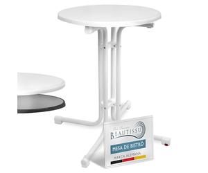 Beautissu Mesa Bistró Exterior Ø 60 cm - Mesa Alta Plegable de Jardín Terraza Balcón - Mesa de Camping y Eventos Altura 70 cm - Blanco - Bistroni