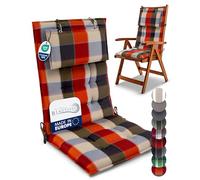 Beautissu Premium Cojin Silla Jardín con Respaldo Alto y Almohadilla 120x50cm Sun-HL - Resistencia UV 8cm Grosor Acolchado Cojín Exterior con Respaldo Antideslizante - Naranja Beige A Cuadros