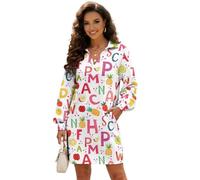 Beauty Collector Alphabet Fruit White - Vestido de manga larga con solapa y cuello en V para mujer, con bolsillos, talla XL