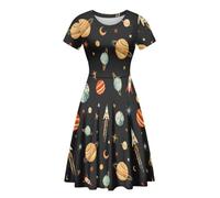 Beauty Collector Vestido largo acampanado floral de verano con cuello redondo y manga corta para mujer, Rocket Planet Star Negro, M