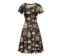 Beauty Collector Vestido largo acampanado floral de verano con cuello redondo y manga corta para mujer, Daisy Book Moon Star, XL
