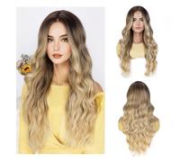 Beauty7 Pelucas rubias ombre para mujeres peluca con malla frontal peluca larga ondulada Natuaral sintético ondulado mitad de la división del pelo rizado resistente al calor peluca con raíces oscuras
