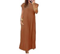 Beautyhis Vestido plisado simple de color sólido para mujer, vestido largo plisado para mujer, cuello redondo, vestido largo de verano suelto, marrón, L