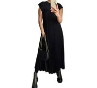Beautyhis Vestido plisado simple de color sólido para mujer, vestido largo plisado para mujer, cuello redondo, vestido largo de verano suelto, Negro, S