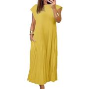 Beautyhis Vestido plisado simple de color sólido para mujer, vestido largo plisado para mujer, cuello redondo, vestido largo de verano suelto, amarillo, M