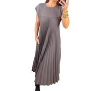 Beautyhis Vestido plisado simple de color sólido para mujer, vestido largo plisado para mujer, cuello redondo, vestido largo de verano suelto, gris, L