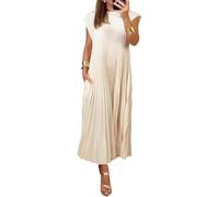 Beautyhis Vestido plisado simple de color sólido para mujer, vestido largo plisado para mujer, cuello redondo, vestido largo de verano suelto, beige, L