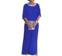 BEAUTYLAST Elegante traje de dos piezas con lentejuelas y cuello redondo, de gasa, pierna ancha, pantalones holgados de gasa para mujer, azul, XL