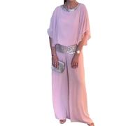 BEAUTYLAST Elegante traje de dos piezas con lentejuelas y cuello redondo, de gasa, pierna ancha, pantalones holgados de gasa para mujer, rosa, M