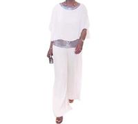 BEAUTYLAST Elegante traje de dos piezas con lentejuelas y cuello redondo, de gasa, pierna ancha, pantalones holgados de gasa para mujer, blanco, M