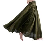 BEAUTYLAST Falda bohemia de lino de algodón para mujer, cintura elástica, larga, fluida, casual, para verano, playa, vacaciones, Ejercito Verde, 95CM-Length
