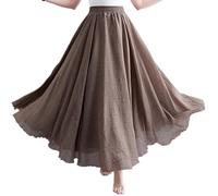 BEAUTYLAST Falda bohemia de lino de algodón para mujer, cintura elástica, larga, fluida, casual, para verano, playa, vacaciones, caqui, 95CM-Length