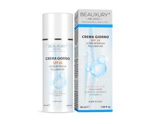 Beauxury Milano Crema de día SPF 30, antiedad y antiarrugas con ácido hialurónico, ideal para pieles maduras, efecto hidratante y reafirmante con protección solar, 50 ml