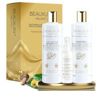 Beauxury Milano Kit de Reconstrucción Profesional con Champú, Mascarilla y Suero para Cabello con Baba de Caracol y Ácido Hialurónico, Ideal para Cabello Encrespado y Dañado por Tinte y Decoloración