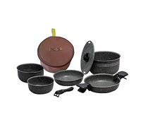 Beaver Brand Dolomia Plus - Batería de cocina para camping (10 piezas, aluminio, 1 cazo de 22 cm, tapa, 2 cacerolas, 2 sartenes, 3 asas, 1 bolsa de transporte)
