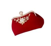 Beavorty Bolso de Mano de Felpa Rojo con Cadena y Gemas de Imitación, Clutch de Noche para Mujer, Bolso de Fiesta y Boda Elegante para Banquete y Eventos Formales