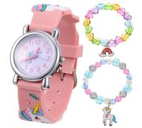 Beavorty Conjunto de Reloj y Pulseras para Niña Unicornio Rosa, Pulsera de Perlas Cuentas de Corazón y Reloj de Cuarzo Correa Colorida, Uso Diario y Fiesta, Tamaño Único