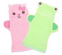 Beavorty Manoplas Exfoliantes para Baño de Ñiño Reutilizables, 2 Piezas Grandes de Fibra Artificial Seguras para Piel, Diseño Animal (gato Rosa Rana Verde), Guantes de Ducha para Niña,
