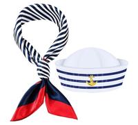 Beavorty Sombrero de Marinero y Bufanda Náutica para Hombre y Mujer, Conjunto de Poliéster Diseño de Rayas Azul y Blanco para Fiestas Temáticas y Disfraces