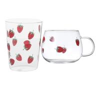 Beavorty Tazas de Vidrio para Café y Leche Diseño de Fresa 2 Piezas, Capacidad Media, Reutilizables, para Uso Doméstico y Oficina, Set de Vasos Decorativos