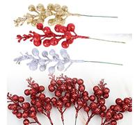 BEAZOOM 30 tallos de bayas artificiales con purpurina para Navidad, 7.9 pulgadas, guirnalda de árbol de boda, decoración de fiesta