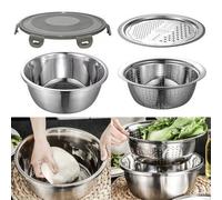 BEAZOOM Juego de 4 cuencos de acero inoxidable con tapa de rallador y colador, herramienta de cocina que ahorra espacio para preparar alimentos