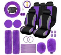 BEAZOOM Juego de fundas de asiento de lujo para automóvil, 45 piezas de lana sintética, accesorios interiores para volante suave y fundas de palanca de cambios, rosa para rojo y negro (morado)