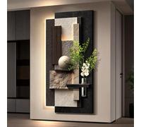 BEBANE Cuadro Decorativo de Pared en 3D con iluminación LED y Textura Tipo Arenisca, Obra de Arte Mural en Relieve con jarrón y Plantas Artificiales(A,50 * 100cm/19.7 * 39.4in)