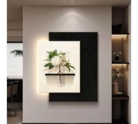 BEBANE Decoración artística Mural de Arenisca 3D, Cuadro Decorativo de Pared con iluminación LED y alimentación enchufable, Equipado con jarrón y Plantas Artificiales(A,85 * 100cm/33.5 * 39.4in)