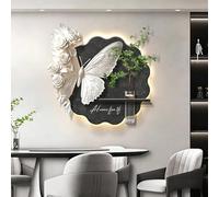 BEBANE Decoración Mural 3D de Mariposa con iluminación LED, con jarrón de Vidrio y Plantas Artificiales, Adecuado para Sala de Estar, Dormitorio y recibidor(A,60cm/23.6in)