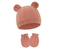 Bebé Anti Scratch Manoplas Conjunto De Guantes De Punto Transpirable Algodón Oso Oreja Gorras Guantes Para Niño Infantil 0-2 Meses Accesorios De Punto, Color rojo., Talla única