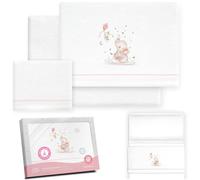Bebe Juego De Sábanas Franela Conjunto 3 Pcs Cuna 60X120 100% Algodón Blanco/Rosa - Modelo008 - Hecho en España