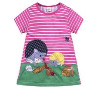Bebé Niña Algodón Manga Corta Vestido Casual Apliques Rayas Princesa Vestidos Niñas 140 Invierno, Rosa intenso., 6-7 años