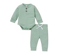 Bebé Niña de manga larga Color sólido alrededor del escote apilado traje de cuerpo pantalones ropa de niños conjunto de niñas, verde menta, 12-18 meses