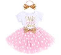 Bebé Niñas 1er/2do/3er Cumpleaños Traje Minnie Princesa Vestido de Manga Corta Mameluco/Camiseta+Tutú de Tul de Lunares+Diadema 3 Piezas de Fiesta de Cumpleaños Rosado-Little miss onederful 1 Año