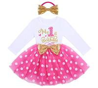 Bebé Niñas 1er/2do/3er Cumpleaños Traje Wild One Vestido de Manga Larga Mameluco/Camiseta+Princesa Tutú de Tul de Lunares+Diadema 3 Piezas de Fiesta de Cumpleaños Rosa Dots-My 1st birthday 1 Año