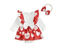 Bebé Niñas Día de San Valentín Vestido Romper Mono de manga larga con volante y cuello redondo con estampado de corazones Bebé San Valentín 2Pcs conjuntos Corazón body+diadema Set Vestido con lazo