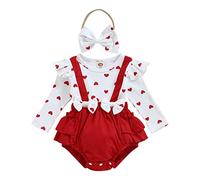 Bebé Niñas Día de San Valentín Vestido Romper Mono de manga larga con volante y cuello redondo con estampado de corazones Bebé San Valentín 2Pcs conjuntos Corazón body+diadema Set Vestido con lazo
