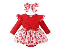 Bebé Niñas Día de San Valentín Vestido Romper Mono de manga larga con volante y cuello redondo con estampado de corazones Bebé San Valentín 2Pcs conjuntos Corazón body+diadema Set Vestido con lazo