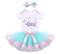 Bebé Niñas Mi Primer Cumpleaños Trajes Elefante Selva Tema Disfraz Bowknot Mameluco de Manga Corta Tutú Falda con Diadema Princesa Vestido de Fiesta de 1 año Ropa de Regalo Fotografía Azul 1 Año