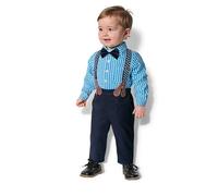 Bebe Niño Conjuntos Ropa, Camisa Pantalón Pajarita Tirantes, 4 Piezas Traje Ropa Niño Caballero,Azul,12-18 Meses