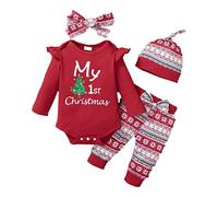 Bebé recién nacido Bebé niña Mi 1ra Navidad Trajes Manga larga Árbol de Navidad Mameluco Estampado de letras Mono Top Pantalones Sombrero Diadema Conjunto de ropa de 4 piezas Rojo 3-6 meses