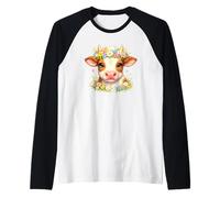 Bebé Vaca de Las Tierras Altas con Corona de Flores Linda Granja de terneros Florales Camiseta Manga Raglan
