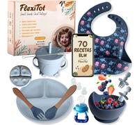 Bebé, Vajilla bebé silicona, vajilla infantil bebe| Guía Digital 70 recetas BLW | 2 Baberos con mangas, platos vajilla con ventosa, cosas para bebe, Regalo bebes recien nacidos, Azul