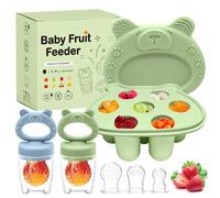 BebeCalin Juego de 2 chupetes de comida para bebés con tetinas de 3 tamaños, comedero de frutas de silicona para bebés, bandejas de congelador, chupete y recipientes de almacenamiento