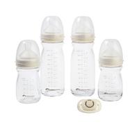 Bebeconfort Kit de Biberones de Cristal Physio Air Care, Biberon de Cristal, +0 meses, Incluye 4 Biberón Anticólicos y un Chupete, Chupete con Forma Fisiológica y Tetinas de Silicona