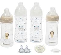 Bebeconfort Physio Air Grow-with-Me Biberones Anticólicos, 0+ Meses | Incluye 4 Biberones Anticólicos, 3 Tamaños de Tetina, Chupete con Forma Fisiológica, Diseño que Brilla en la Oscuridad