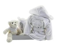 BebeDeParis | Bata Albornoz Bebé Personalizada con el Nombre bordado en Gris Rosa o Azul, 100% Algodón muy Suave y Capucha + Accesorios (FR/ES, Edad, Talla única, Albornoz + Oso + muselinas, Neutro)