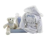 BebeDeParis | Bata Albornoz Bebé Personalizada con el Nombre bordado en Gris Rosa o Azul, 100% Algodón muy Suave y Capucha + Accesorios (FR/ES, Edad, Talla única, Albornoz + Oso + muselinas, Azul)